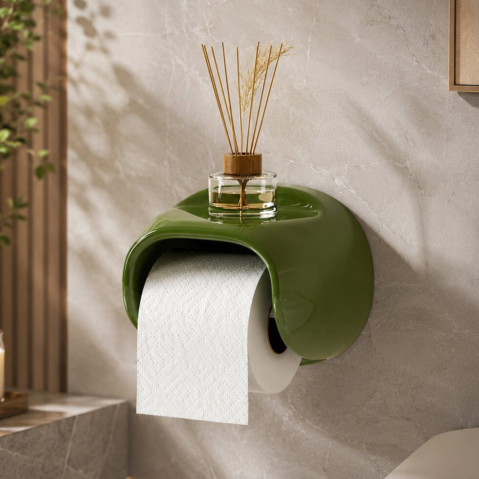 Glanzbogen Toilettenpapierhalter zur Wandmontage — Montage ohne Bohren, offene Unterseite, integrierte Ablage