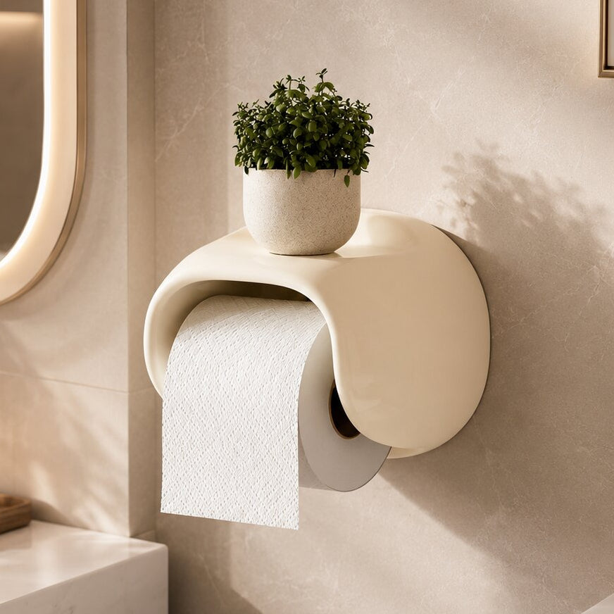 Glanzbogen Toilettenpapierhalter zur Wandmontage — Montage ohne Bohren, offene Unterseite, integrierte Ablage