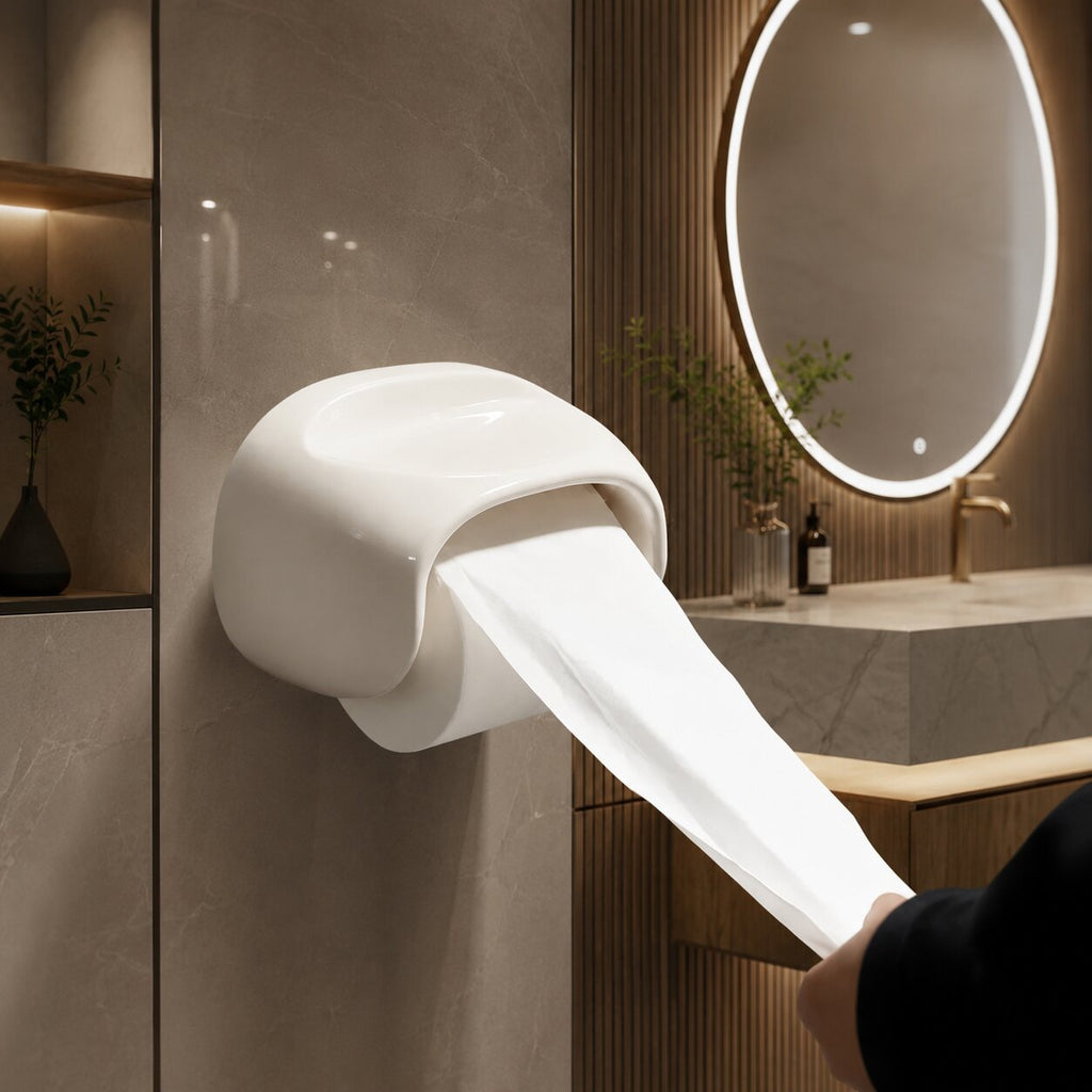 Glanzbogen Toilettenpapierhalter zur Wandmontage — Montage ohne Bohren, offene Unterseite, integrierte Ablage