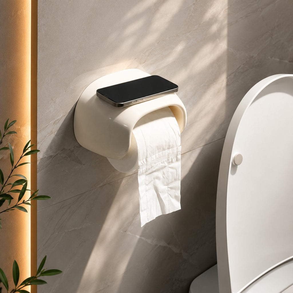 Glanzbogen Toilettenpapierhalter zur Wandmontage — Montage ohne Bohren, offene Unterseite, integrierte Ablage