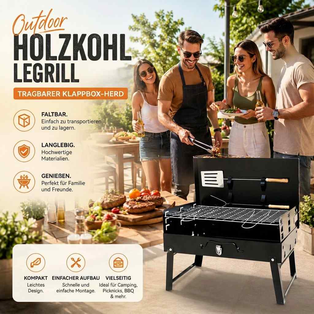 גריל פחמים נייד ומתקפל Kohlevera — גריל ברביקיו קומפקטי במבנה של מזוודה