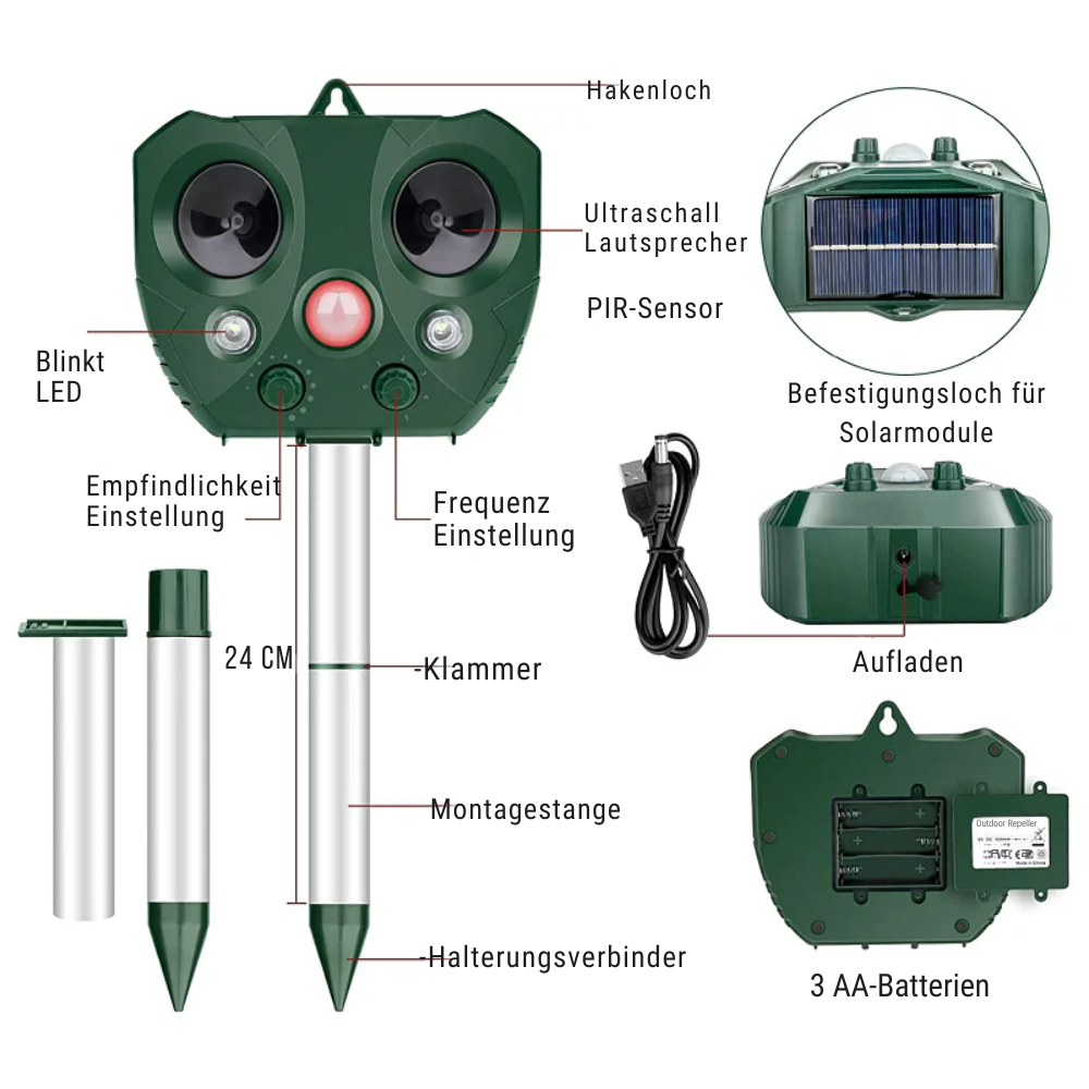 Solar Ultrasonic Animal Deterrent For Garden With 5 Modes And 9 Meter Range 13.5–45.5 kHz