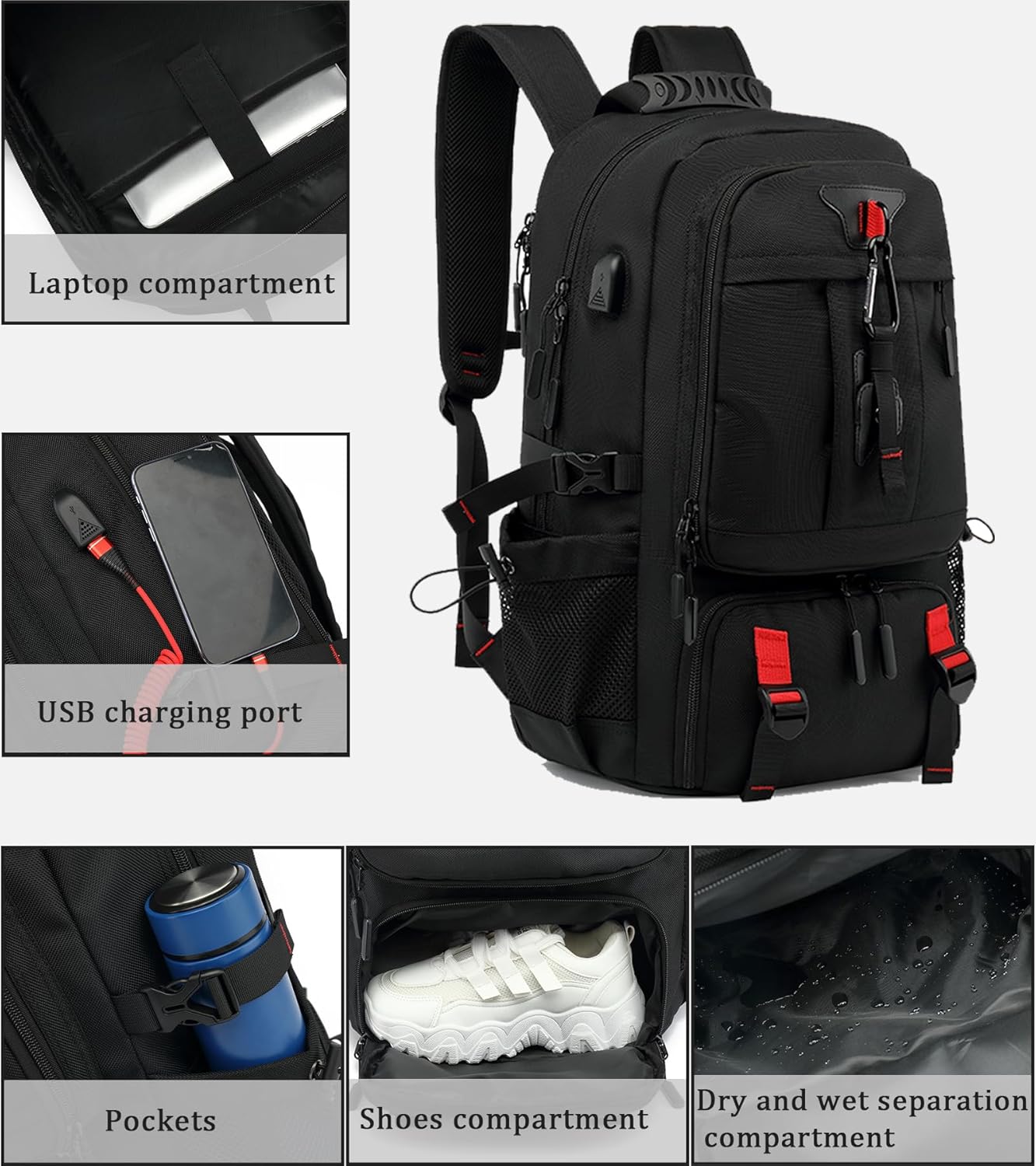60L Waterproof Travel Backpack USB Port And Shoe Compartment Anti-Theft For Air Travel