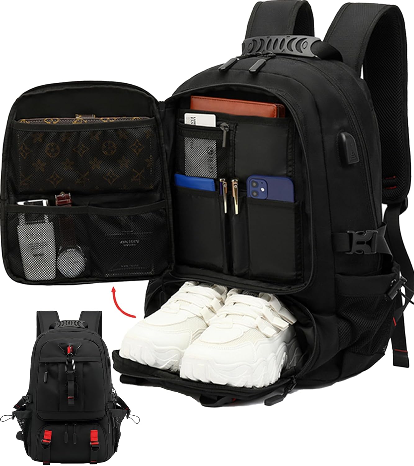 60L Waterproof Travel Backpack USB Port And Shoe Compartment Anti-Theft For Air Travel