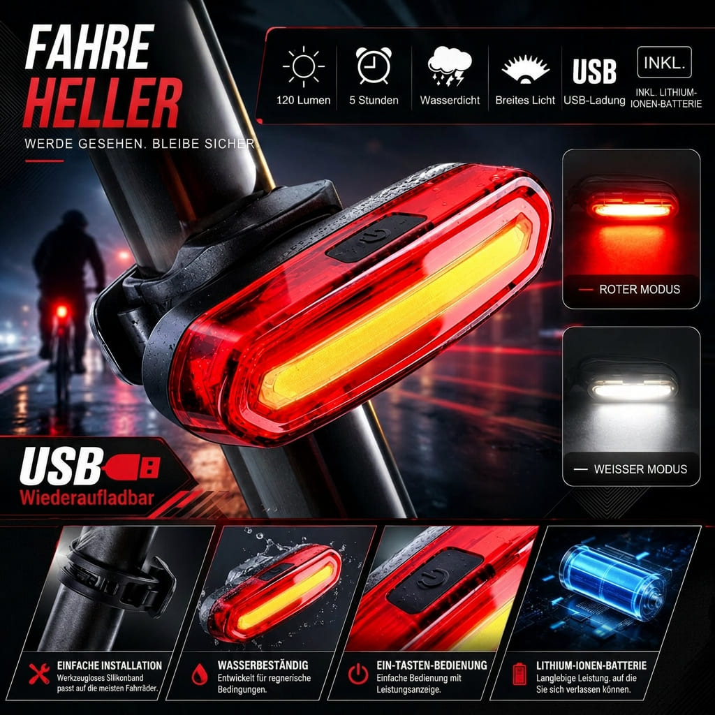 Heckglanz Πίσω φως USB για ποδήλατο — Ευρείας γωνίας δέσμη LED, πίσω φωτισμός