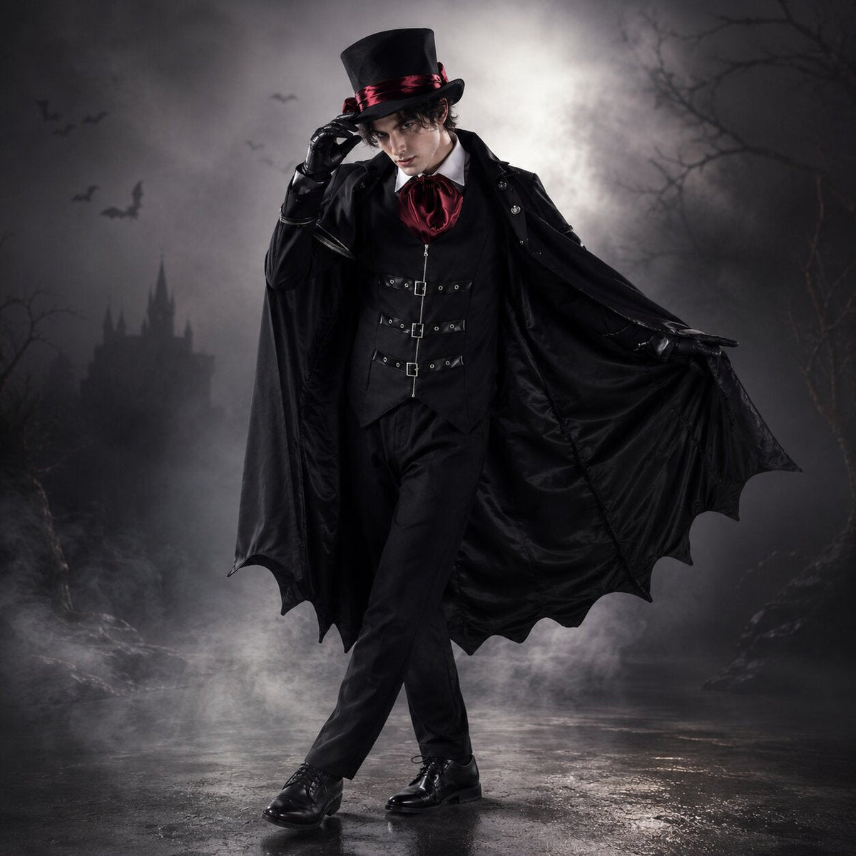 Costume da vampiro per Halloween per adulti — Completo gotico nero con dettagli rossi