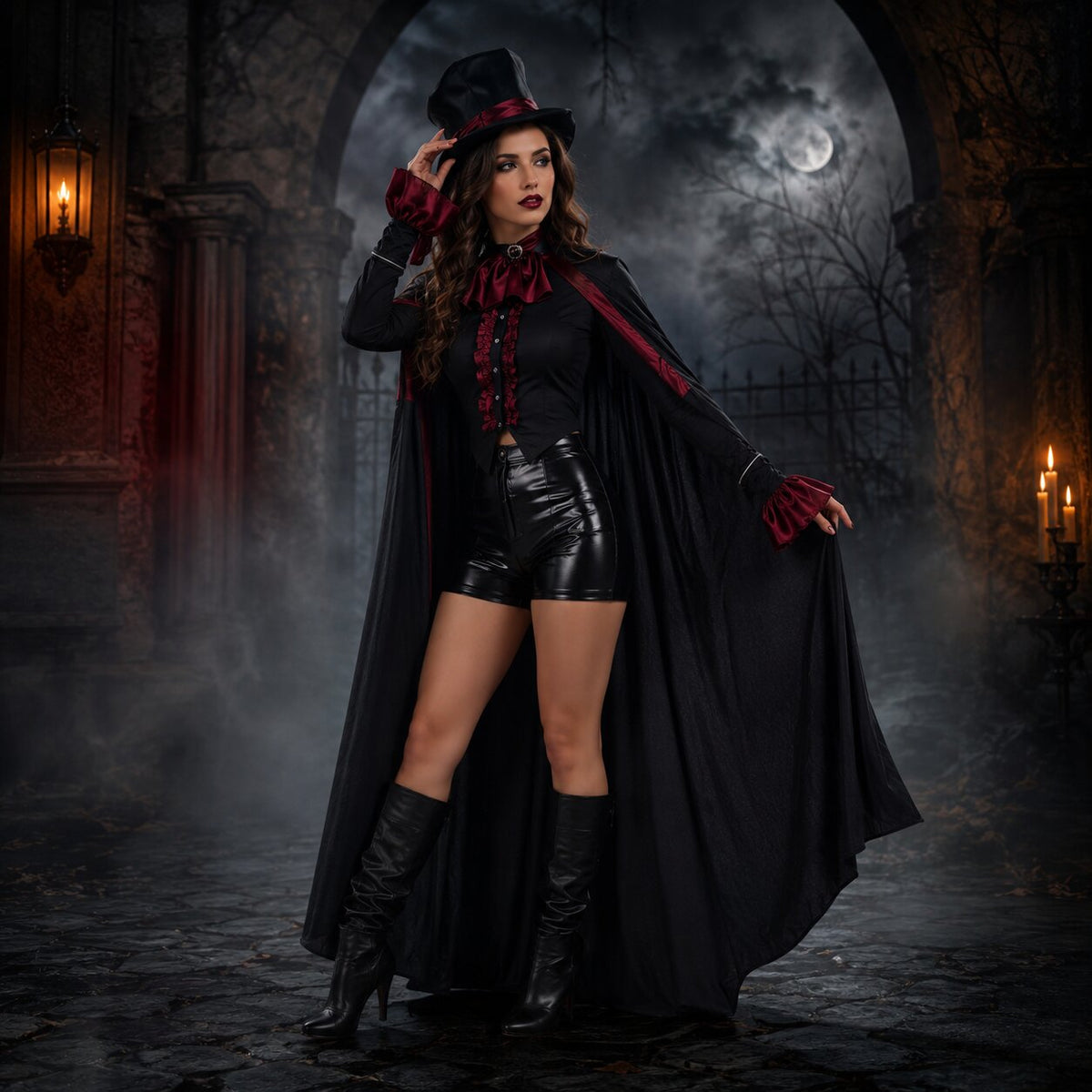 Costume da vampiro per Halloween per adulti — Completo gotico nero con dettagli rossi