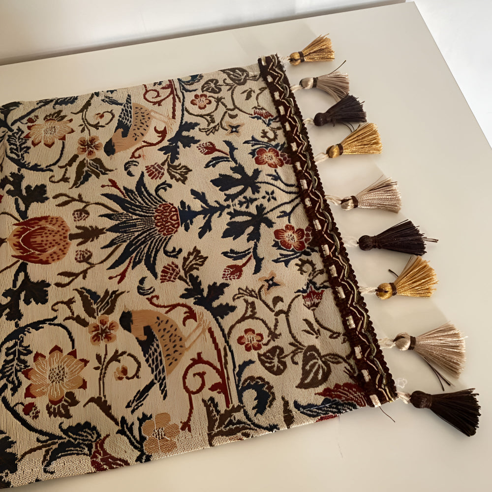 Tapestry Table Runner with Floral Bird Motif & Tassels | Ka-mostore