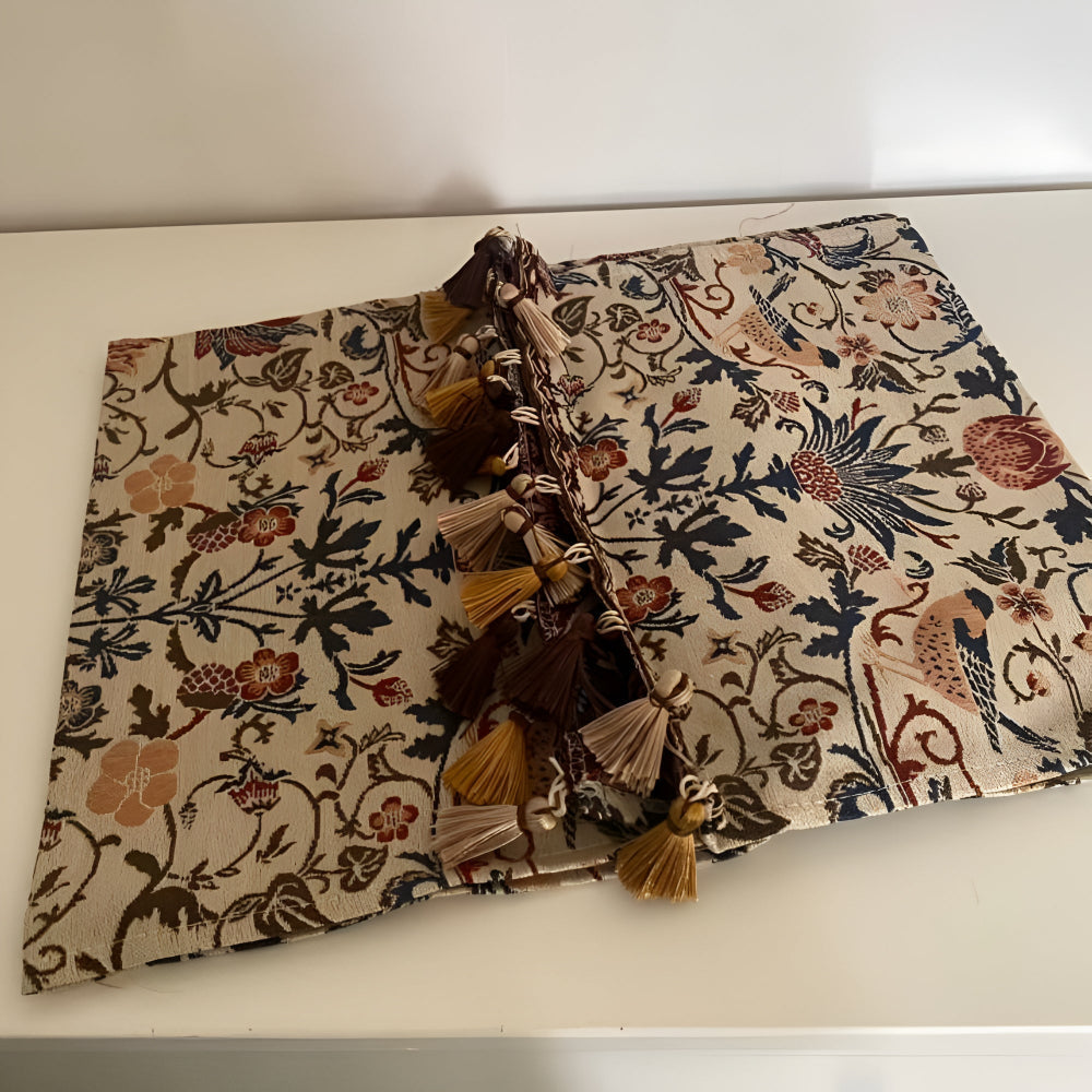 Tapestry Table Runner with Floral Bird Motif & Tassels | Ka-mostore