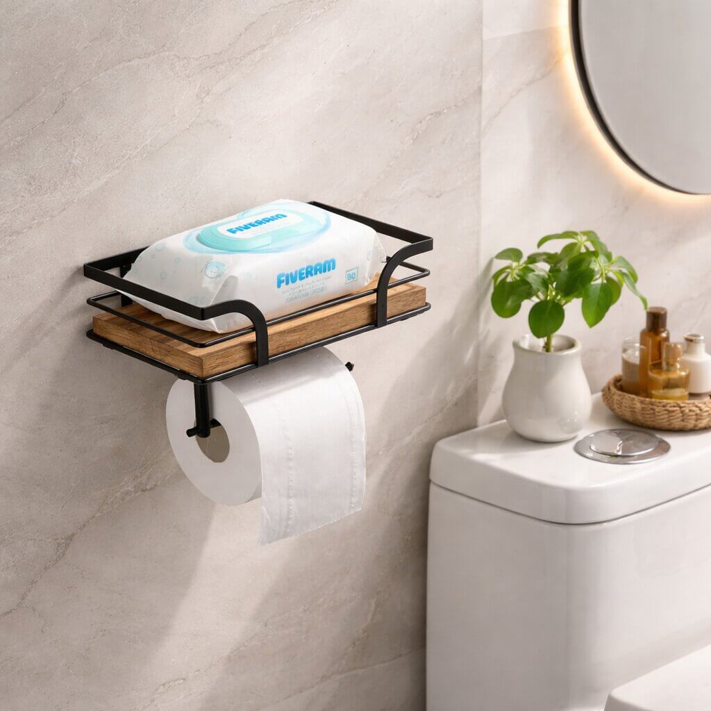 Nordvero toiletpapirholder med hylde — pladsbesparende opbevaring