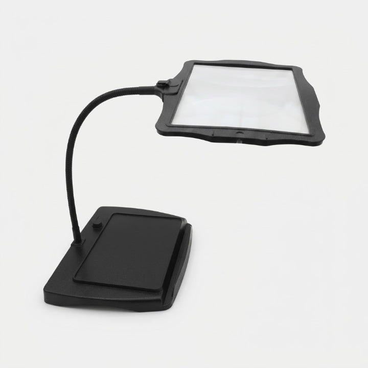 LED-förstoringslampa — stor 3x-lins, stadig fot, batteri och svanhals