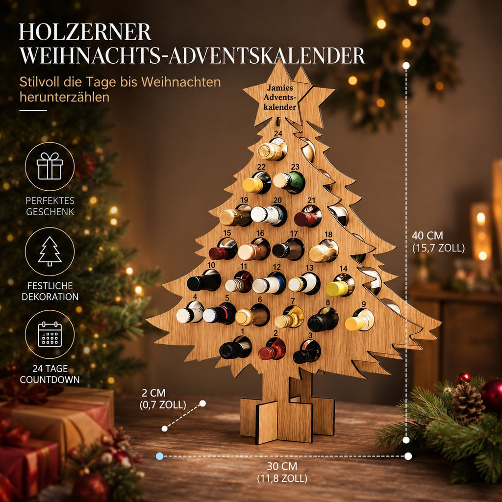 Držák adventního kalendáře na víno a pivo 2026 — dřevěný displej na odpočítávání s 24 přihrádkami