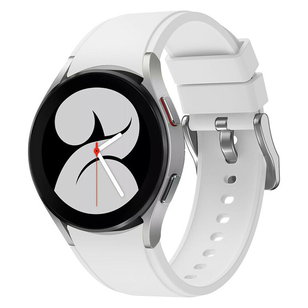 Samsung Galaxy Watch 4 40 mm:n valkoinen silikoniranneke — pikakiinnitystapit, täydellinen istuvuus