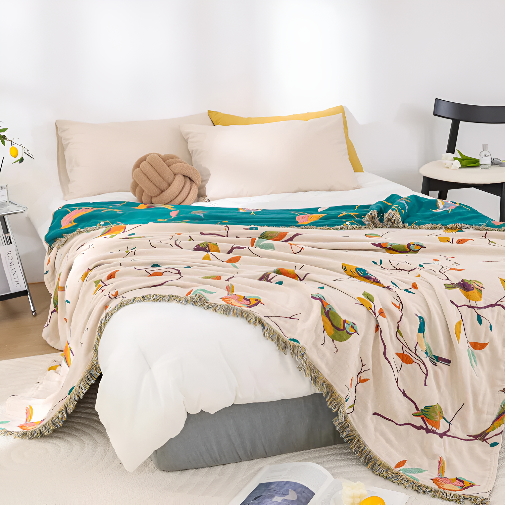 Bavlněná přehozová deka s boho vzorem ptáků a třásněmi | Ka-mostore