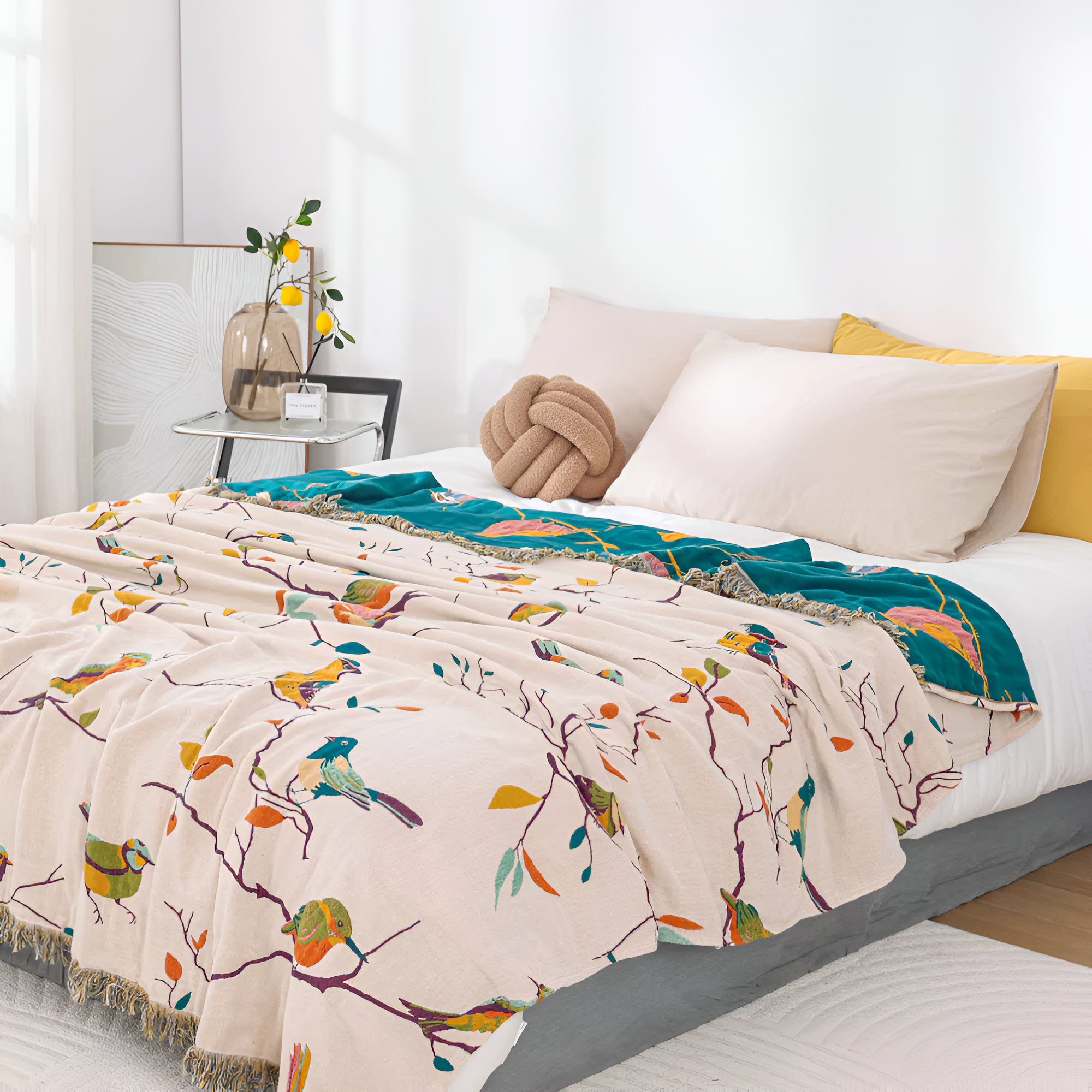 Bavlněná přehozová deka s boho vzorem ptáků a třásněmi | Ka-mostore