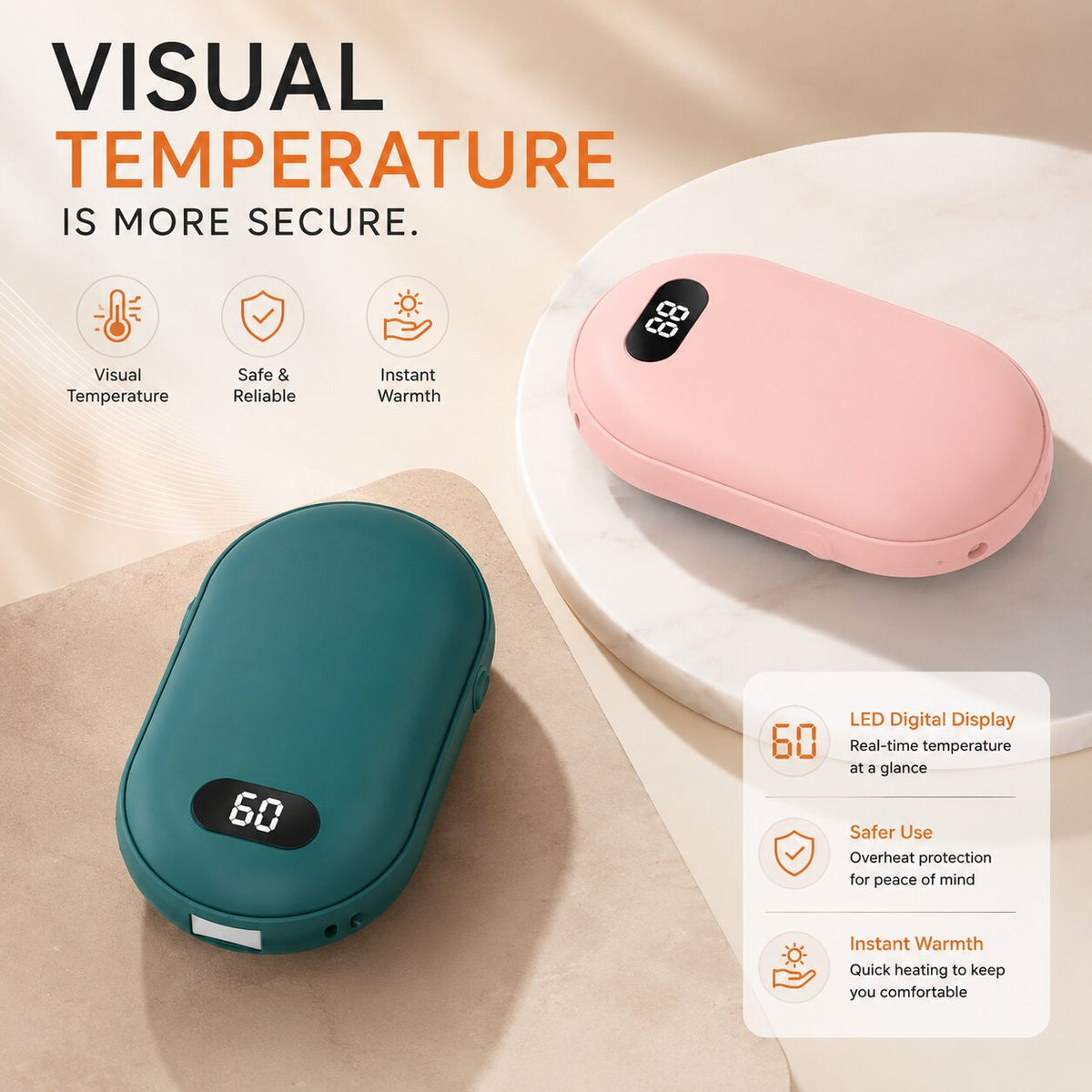 Flauschwärme Rechargeable Hand Warmer — Temperature Display, Compact Pocket Design