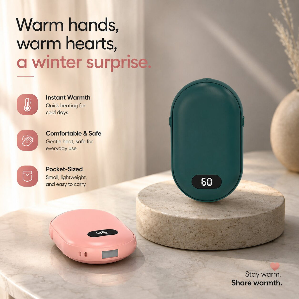 Flauschwärme Rechargeable Hand Warmer — Temperature Display, Compact Pocket Design