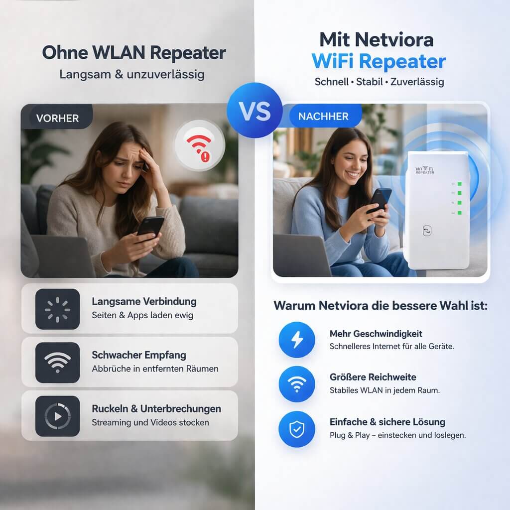 Netviora Wi-Fi-jelerősítő és -ismétlő — nagyobb hatótávolság, stabil kapcsolat
