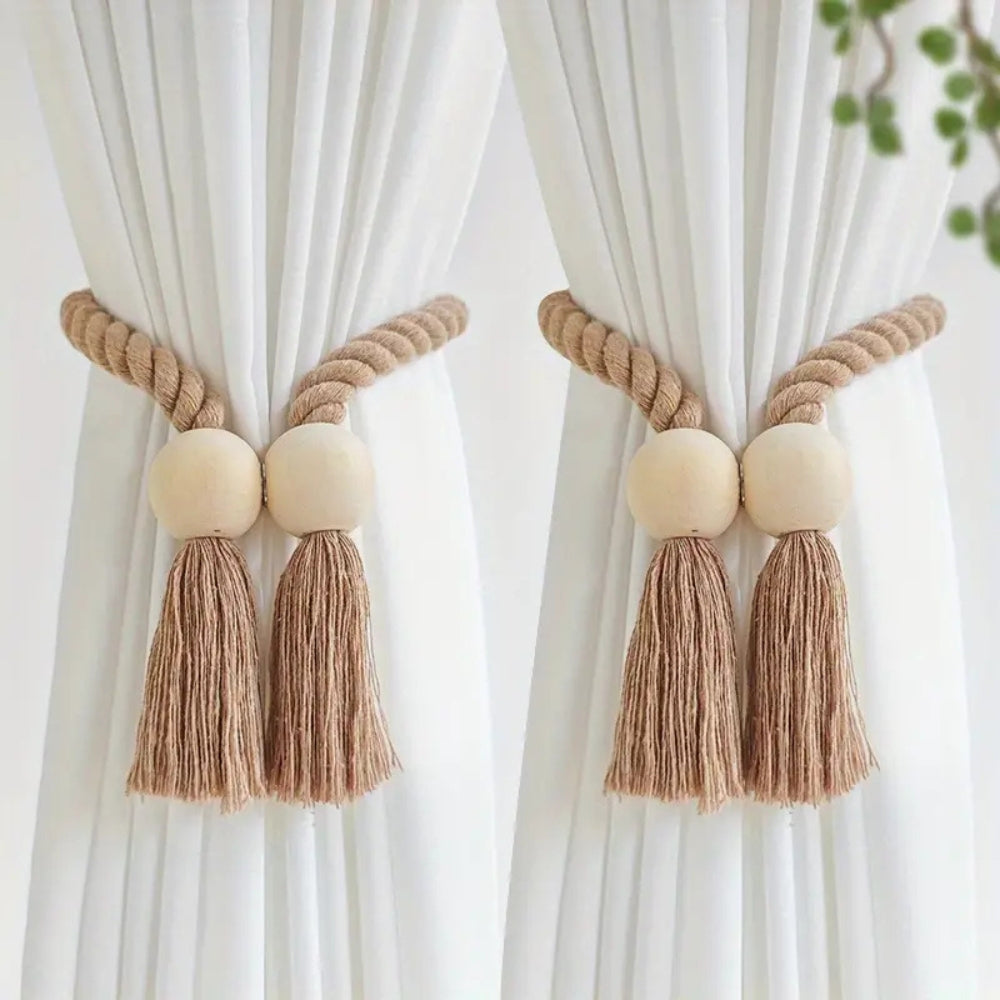 Wood Bead Tassel Curtain Holders | 2 Pc Set | Ka-mostore
