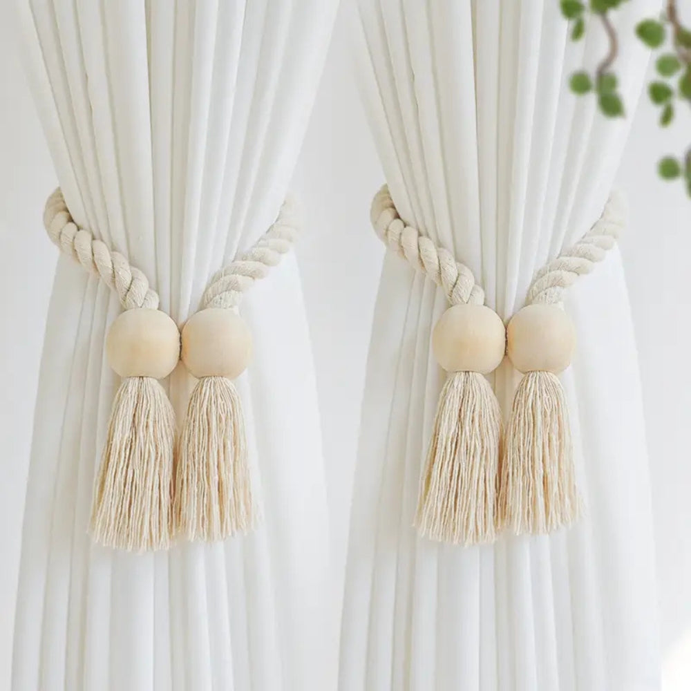 Wood Bead Tassel Curtain Holders | 2 Pc Set | Ka-mostore
