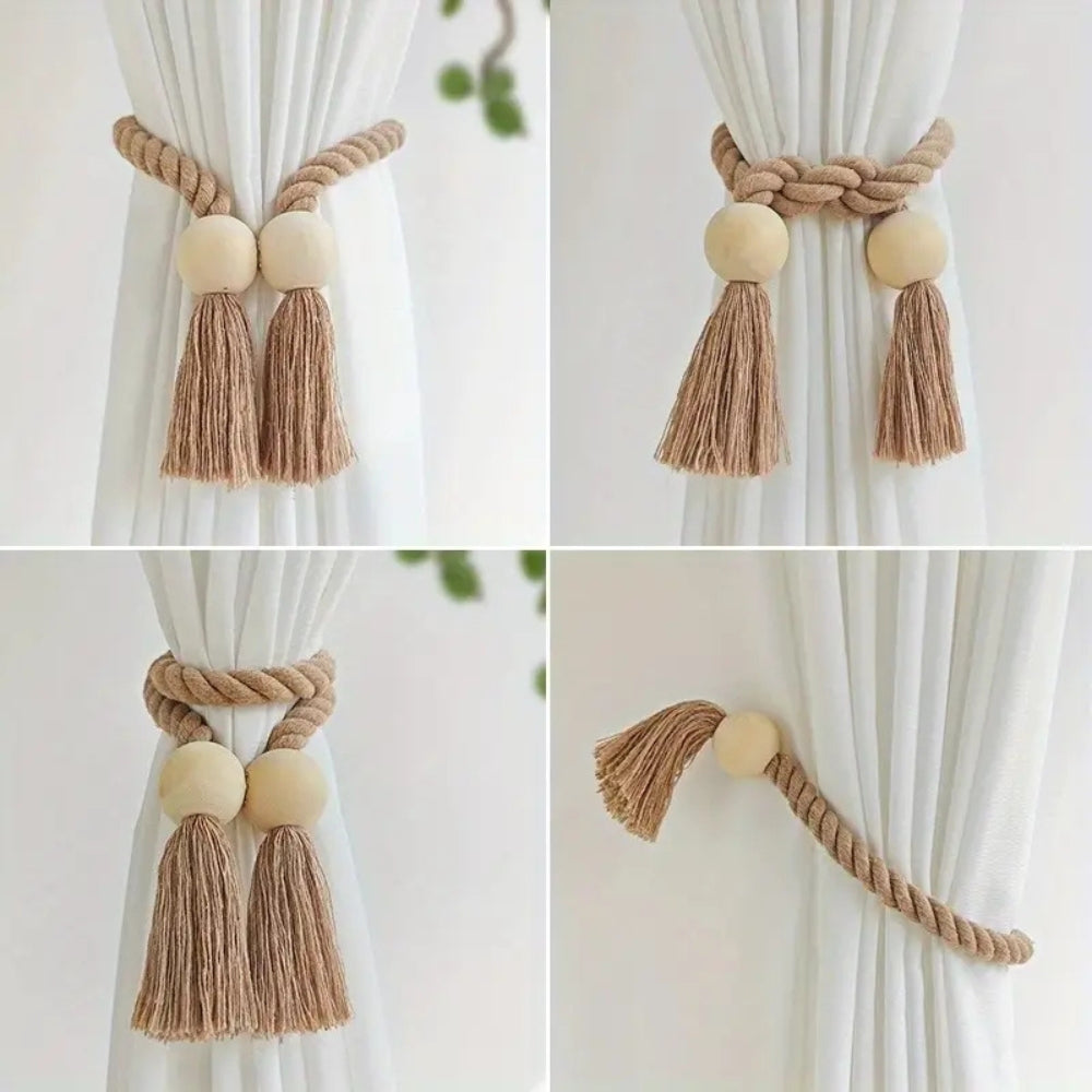 Wood Bead Tassel Curtain Holders | 2 Pc Set | Ka-mostore