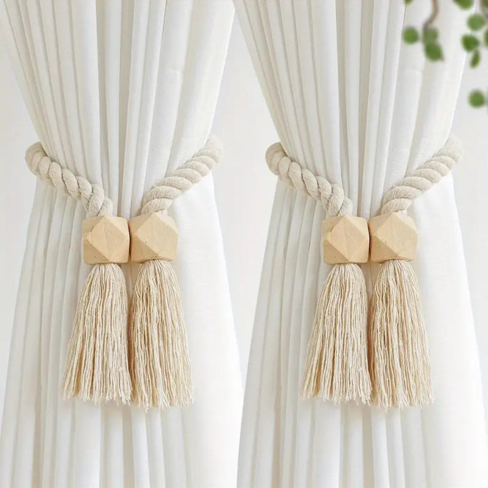 Wood Bead Tassel Curtain Holders | 2 Pc Set | Ka-mostore