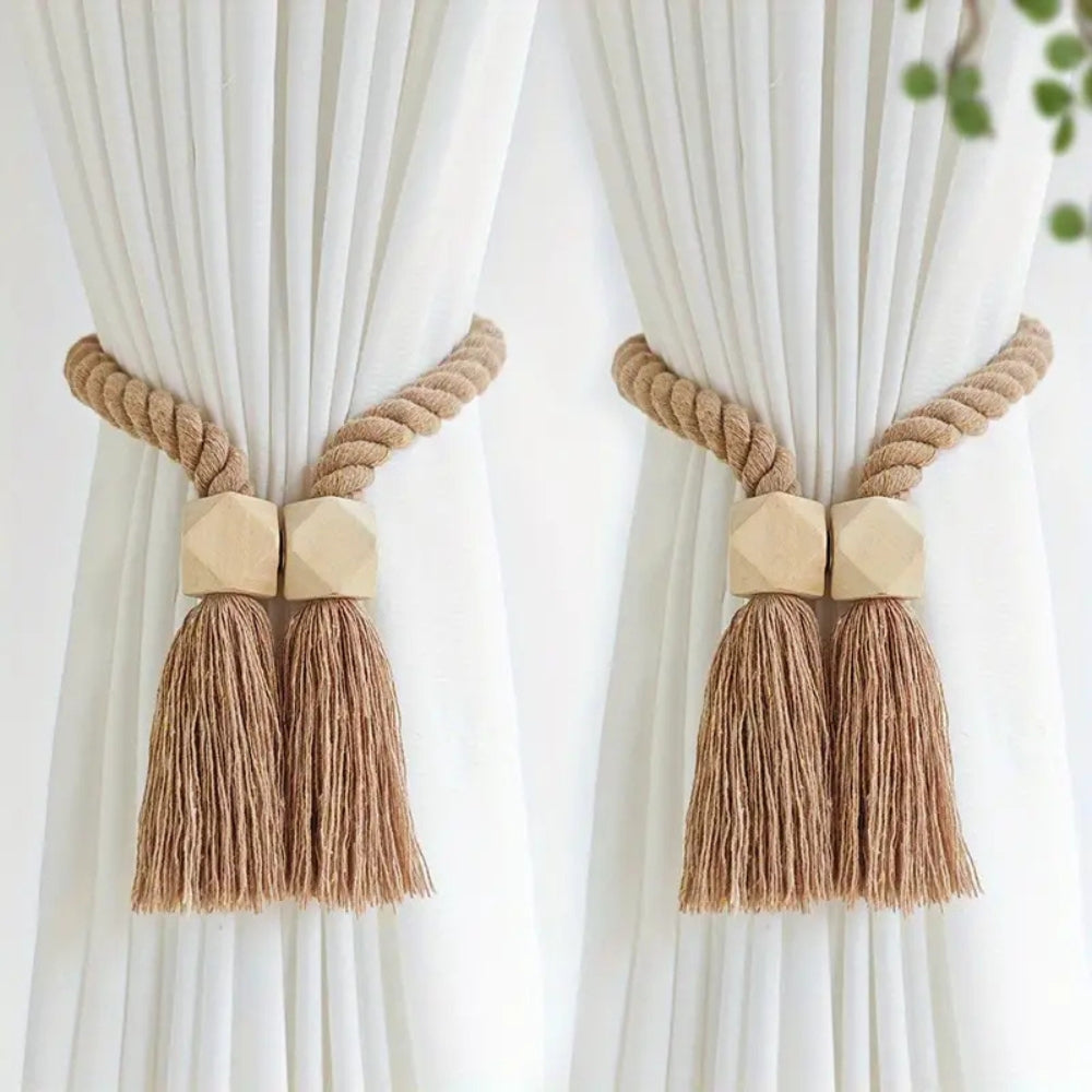 Wood Bead Tassel Curtain Holders | 2 Pc Set | Ka-mostore